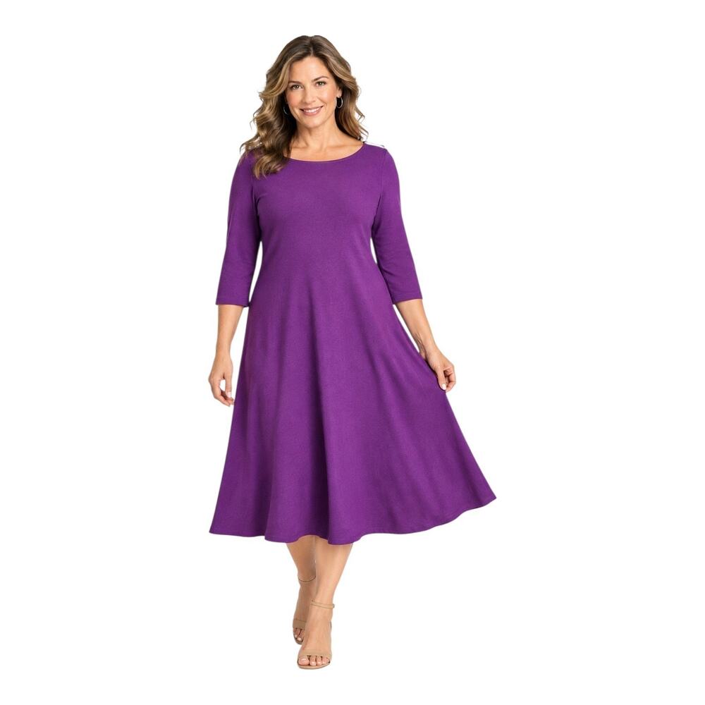 LAUREN RALPH LAUREN Women's 12 Midi Dress Magenta Purple Jersey Knit 3/4 Sleeve